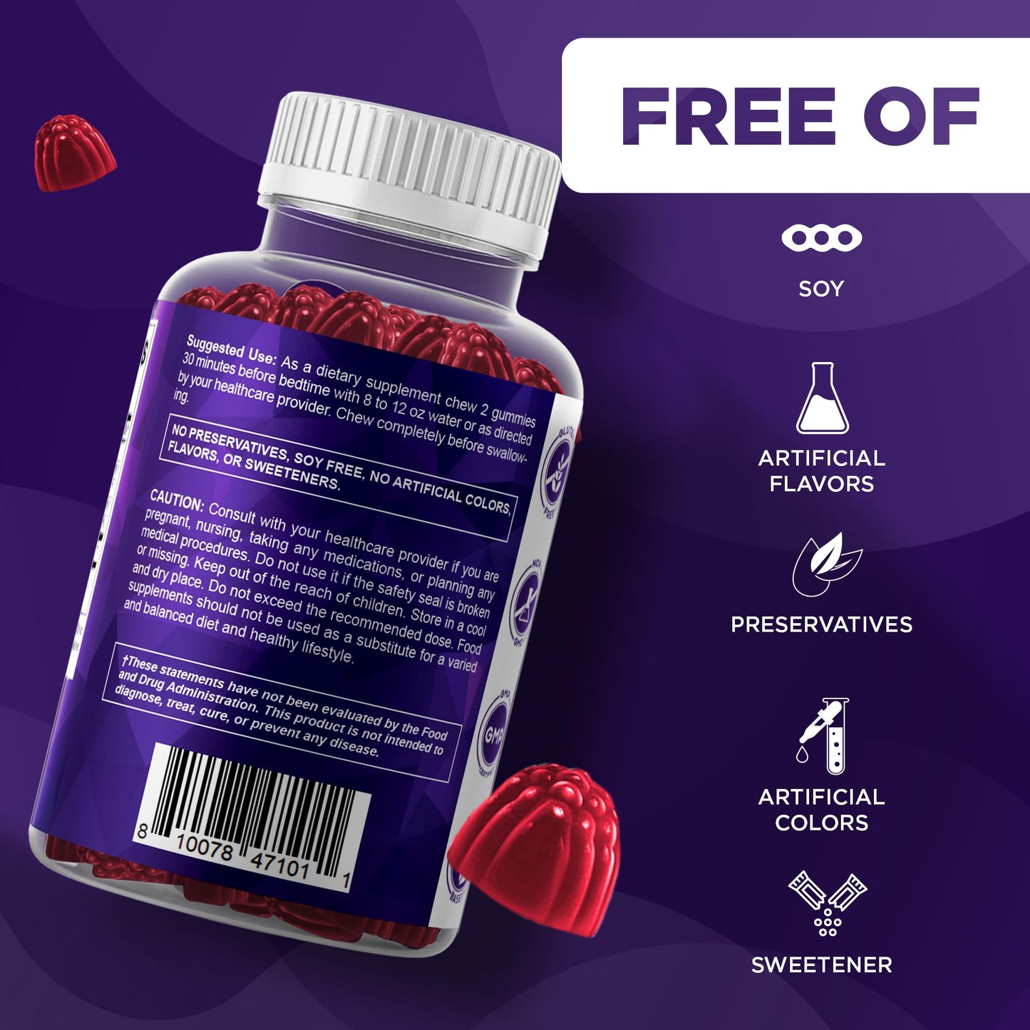 Vitamatic 60 count melatonin sleep gummies packaging highlighting drug-free ingredients list