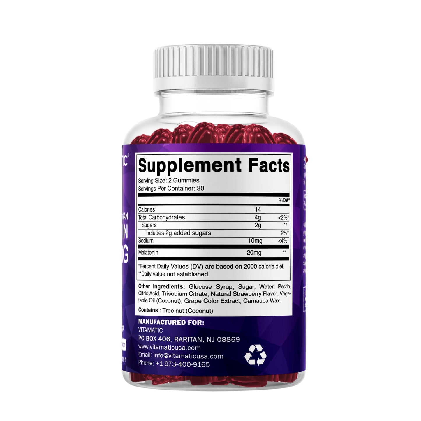 Back panel directions and safety warnings for Vitamatic high potency adult melatonin gummies
