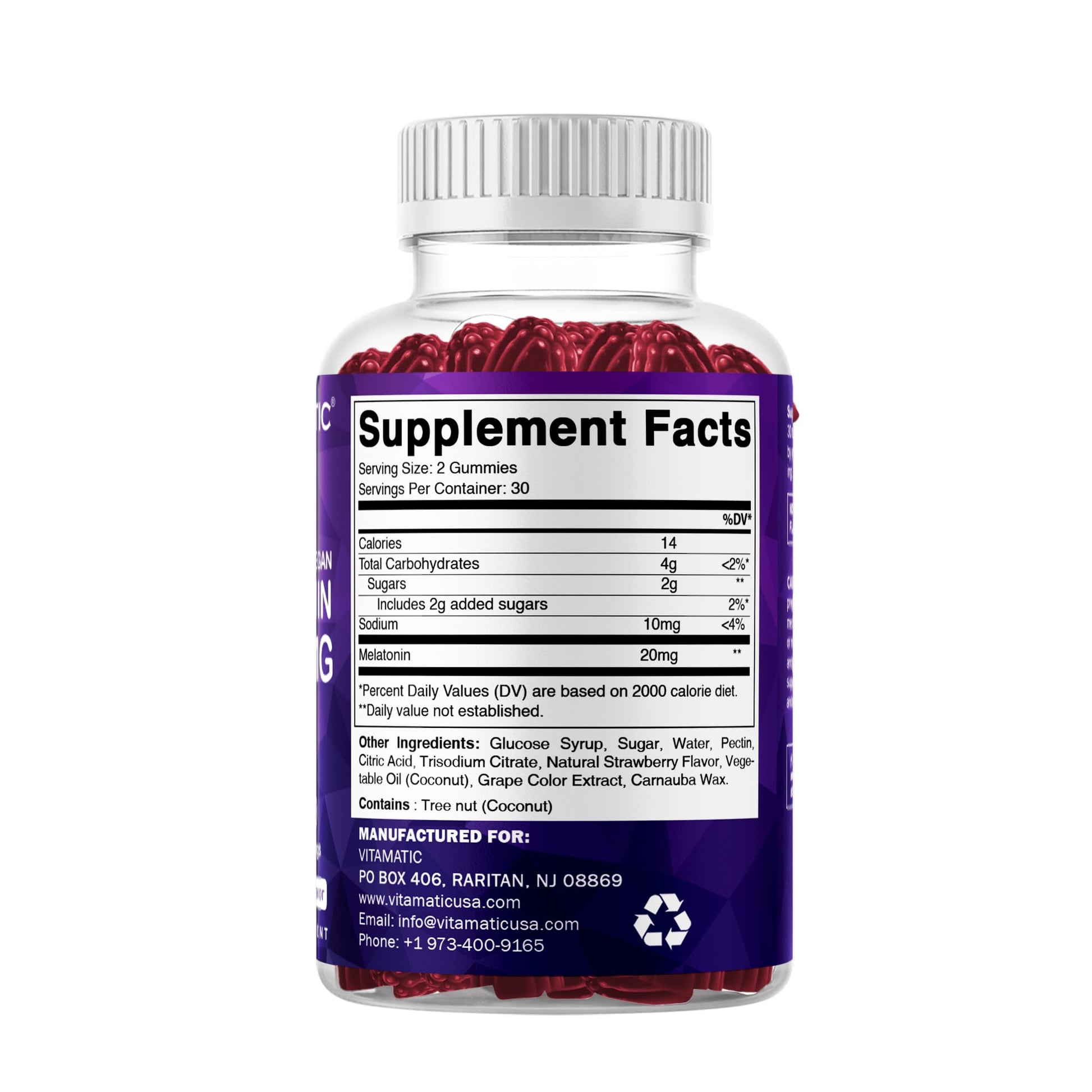Back panel directions and safety warnings for Vitamatic high potency adult melatonin gummies
