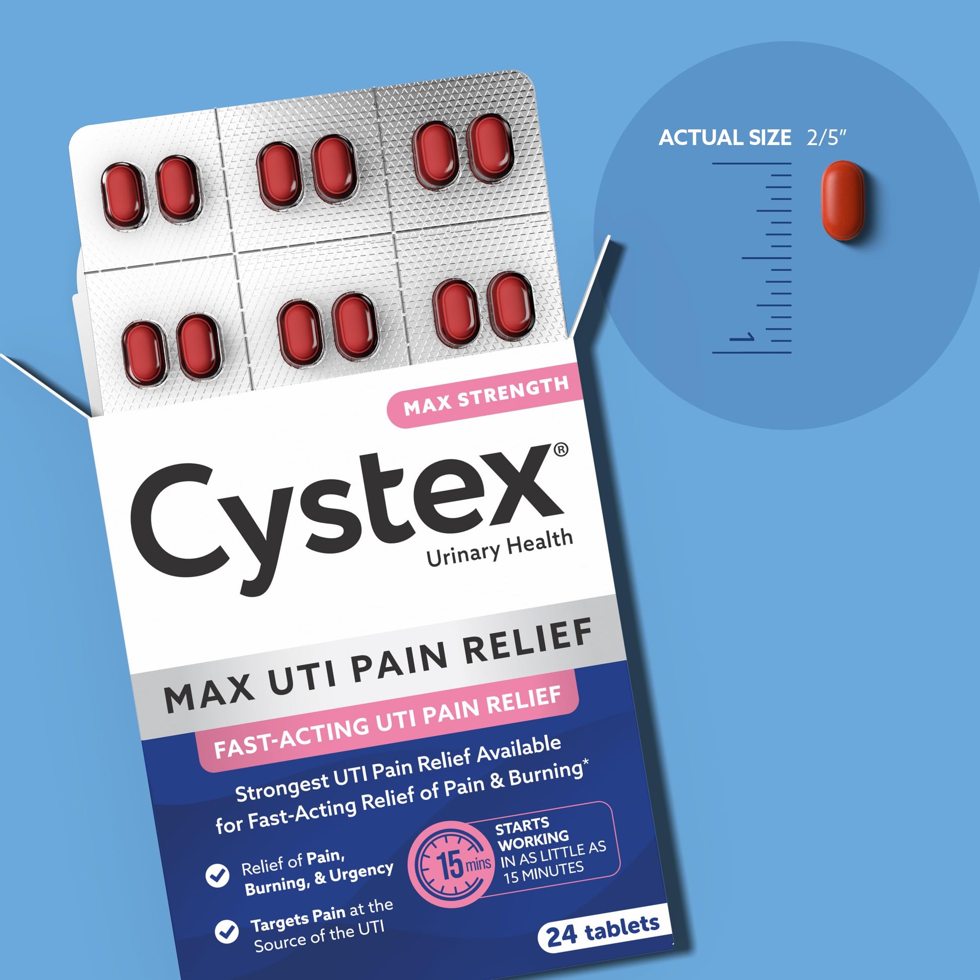 Close up of the imported over the counter health supplement box for managing severe bladder discomfort and urgency.