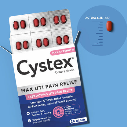 Close up of the imported over the counter health supplement box for managing severe bladder discomfort and urgency.