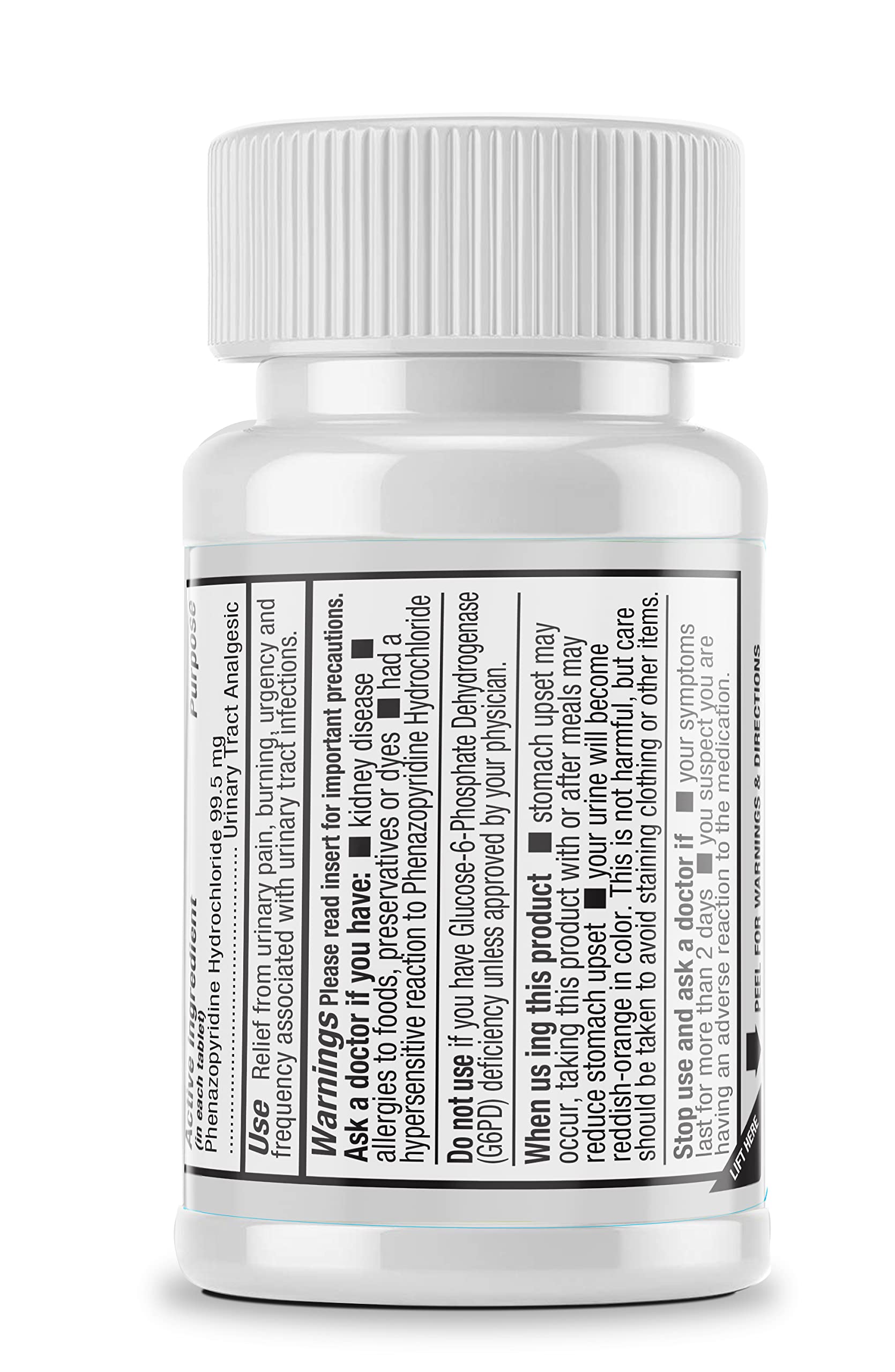 Supplement facts and warnings label on the Safrel bladder pain relief bottle