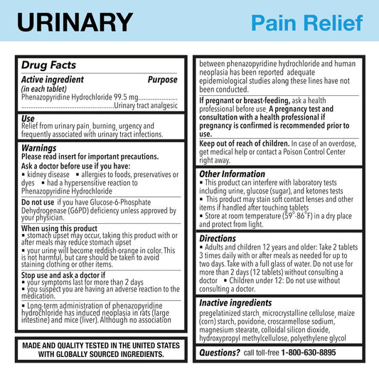 Puregen Labs Phenazopyridine Hydrochloride 72 count supplement facts panel
