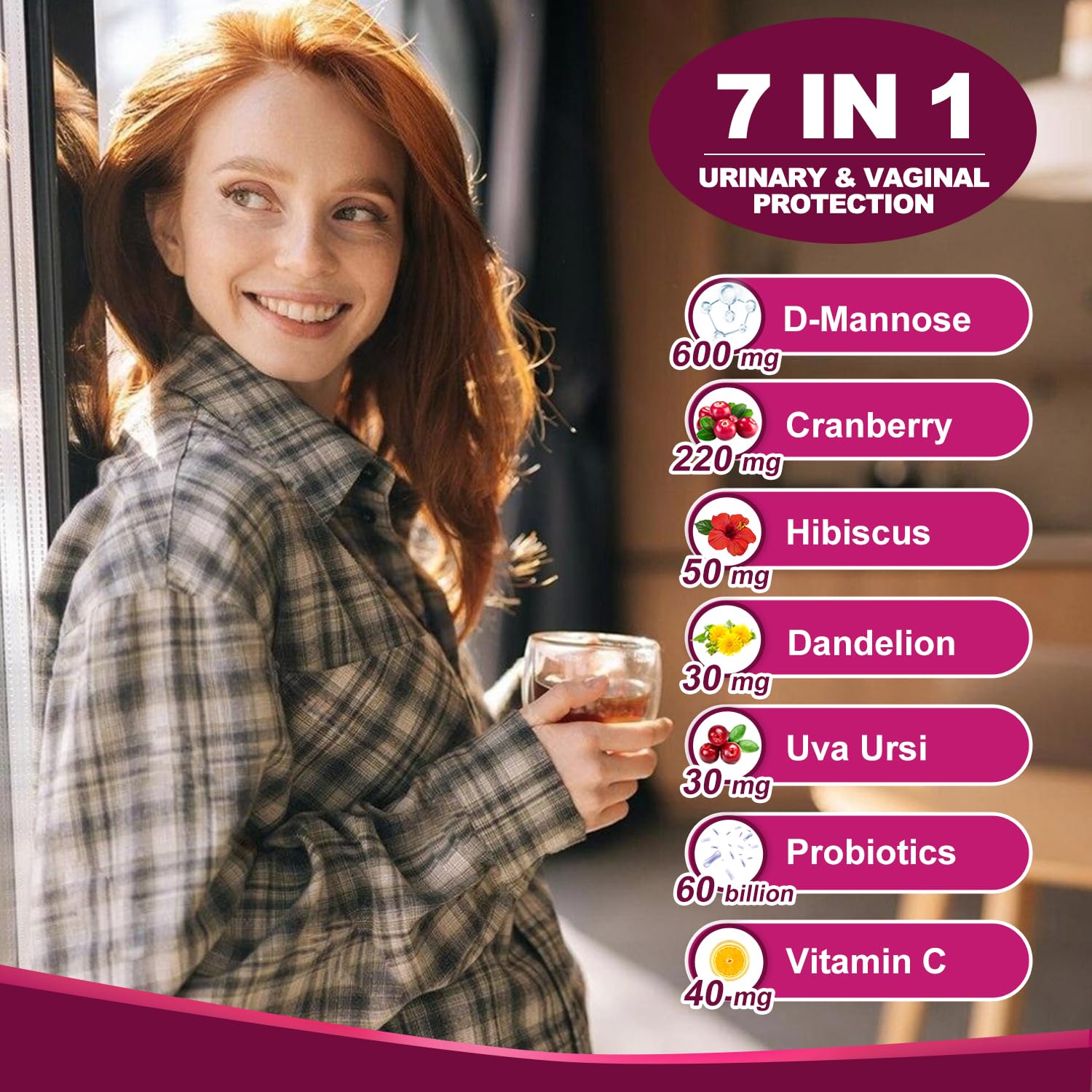 Nature Target women supplement bottle side view listing D-Mannose and cranberry extract ingredients for pH balance.