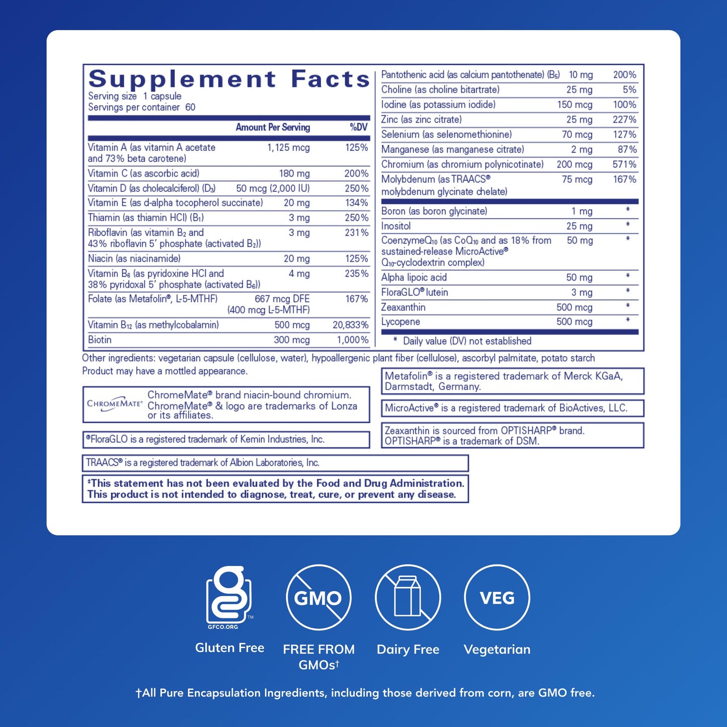 Pure Encapsulations O.N.E. Multivitamin nutritional supplement label details