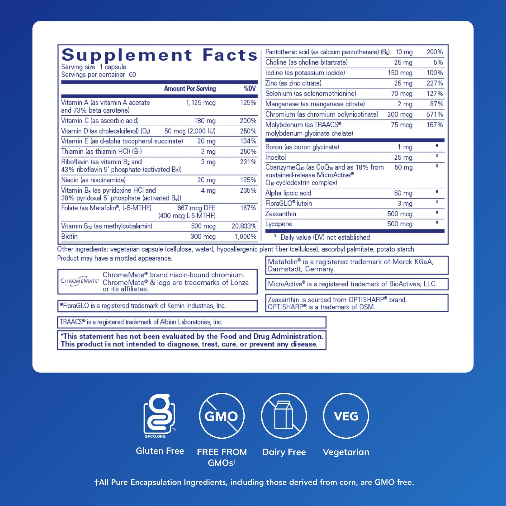 Pure Encapsulations O.N.E. Multivitamin nutritional supplement label details