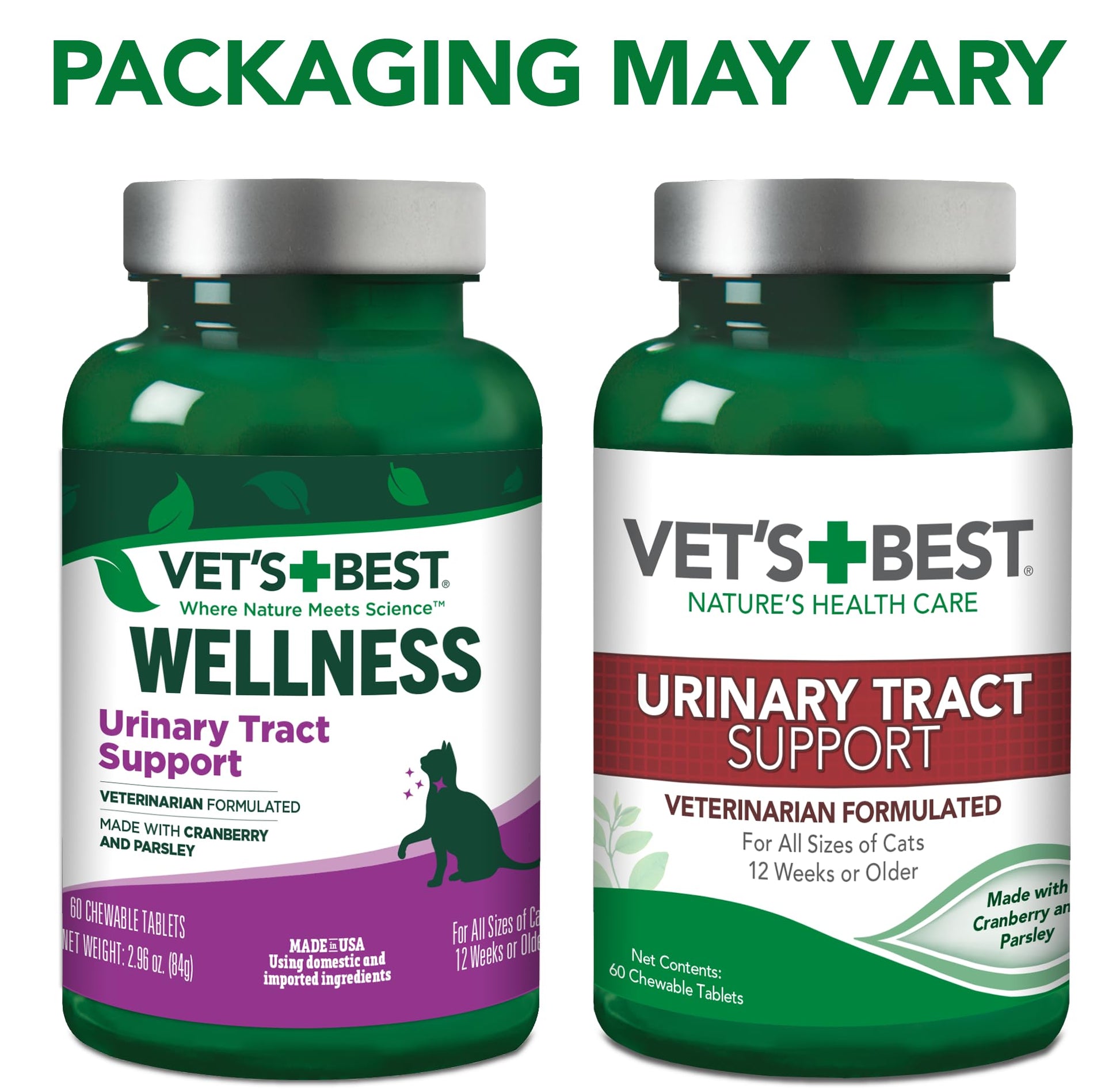 Vet's Best feline urinary care supplement bottle showcasing cranberry and parsley ingredients