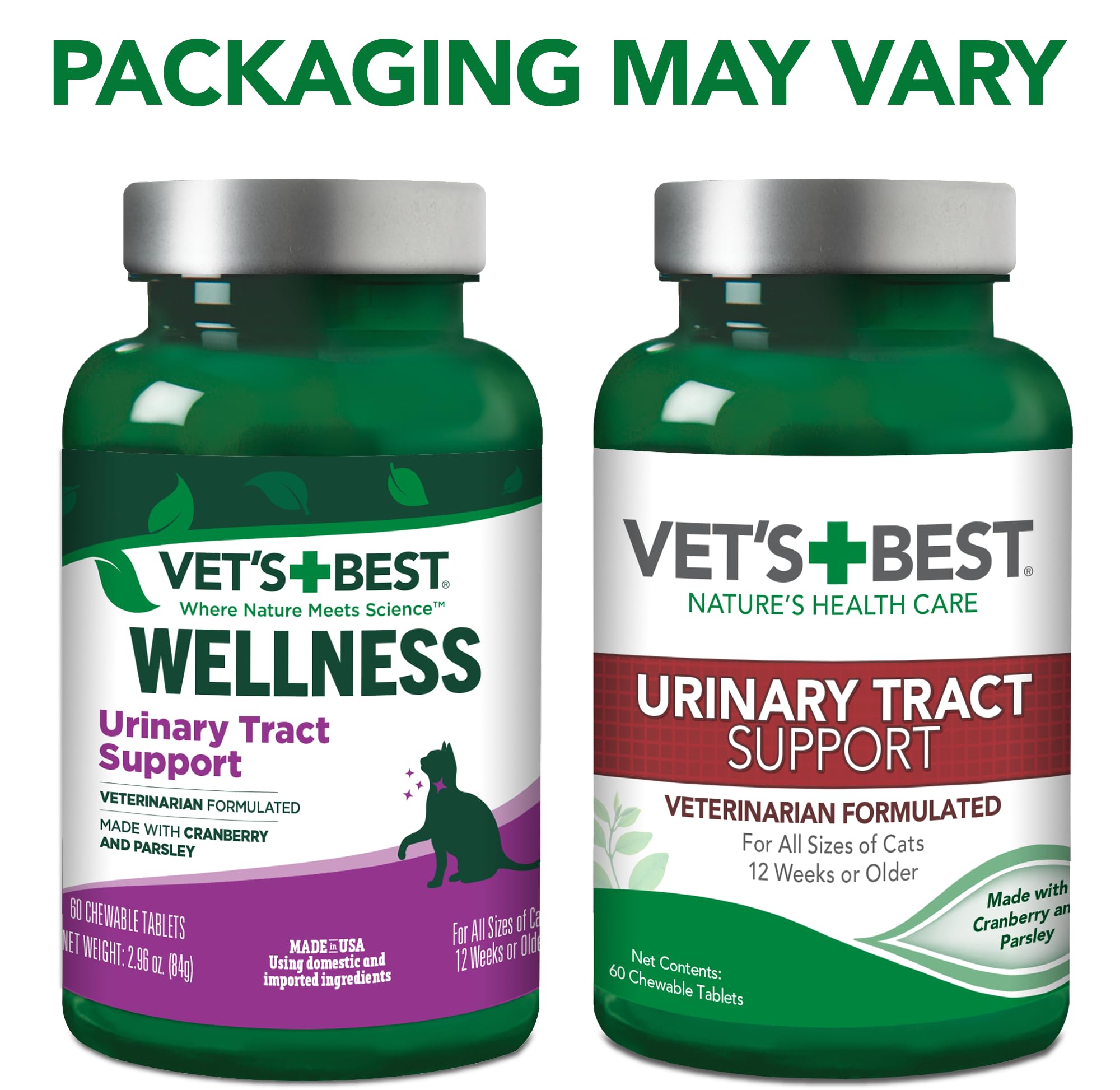 Vet's Best feline urinary care supplement bottle showcasing cranberry and parsley ingredients