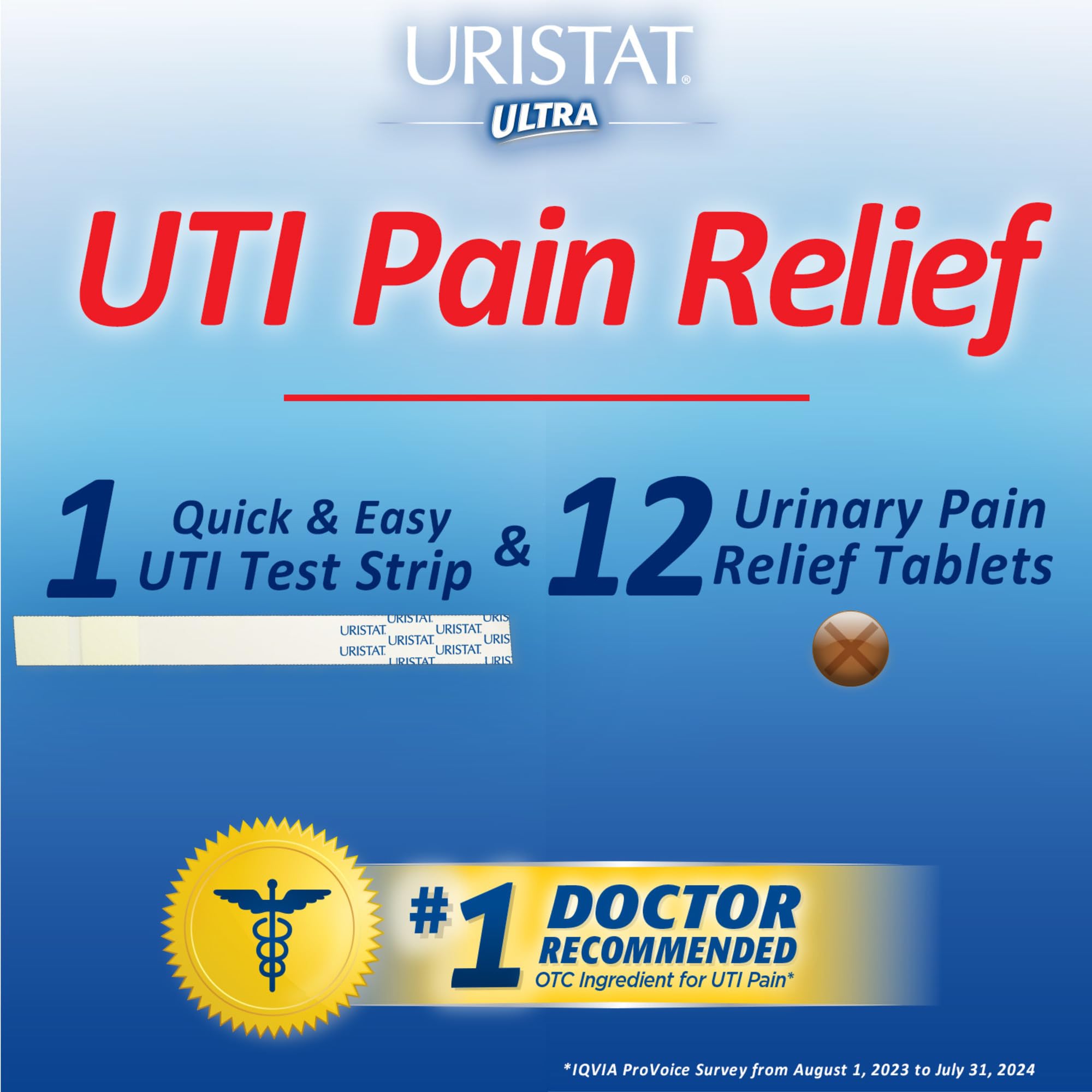 Uristat UTI test strip and cranberry flavored relief tablets for urinary pain management