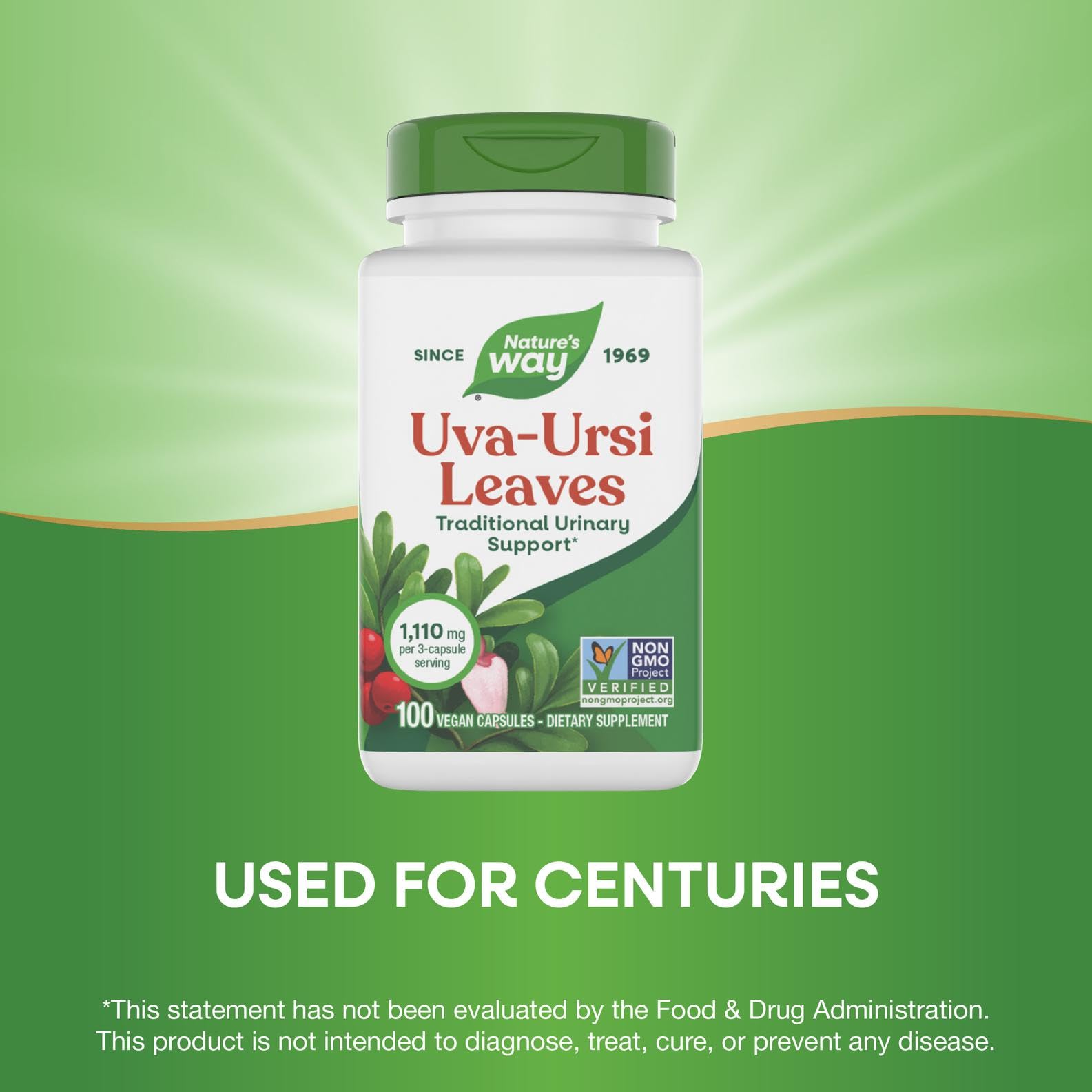 Side view of Nature's Way Uva Ursi showing non-GMO verified and gluten free seals