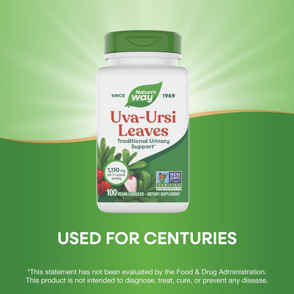 Side view of Nature's Way Uva Ursi showing non-GMO verified and gluten free seals