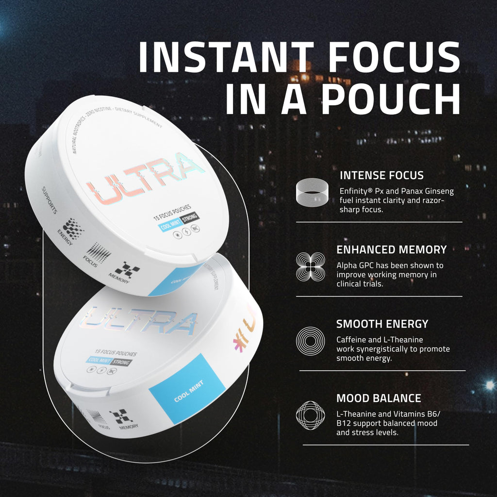 Ultra Focus Pouches cans arranged together