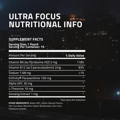 Ingredients list on Ultra Focus pouches container