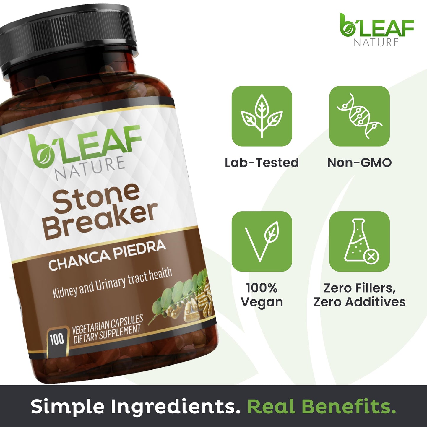 Side view of B'Leaf Nature Stone Breaker 100 capsules showing USA manufacturing certification.