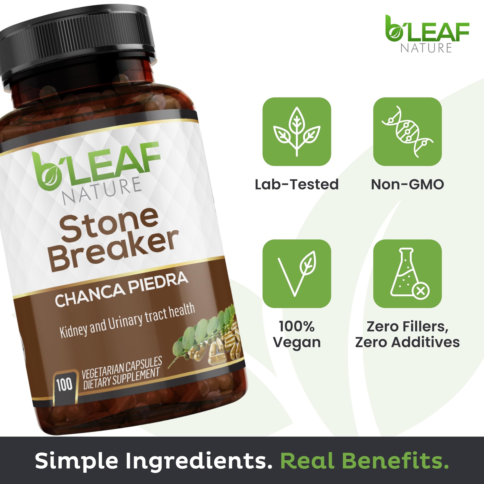 Side view of B'Leaf Nature Stone Breaker 100 capsules showing USA manufacturing certification.