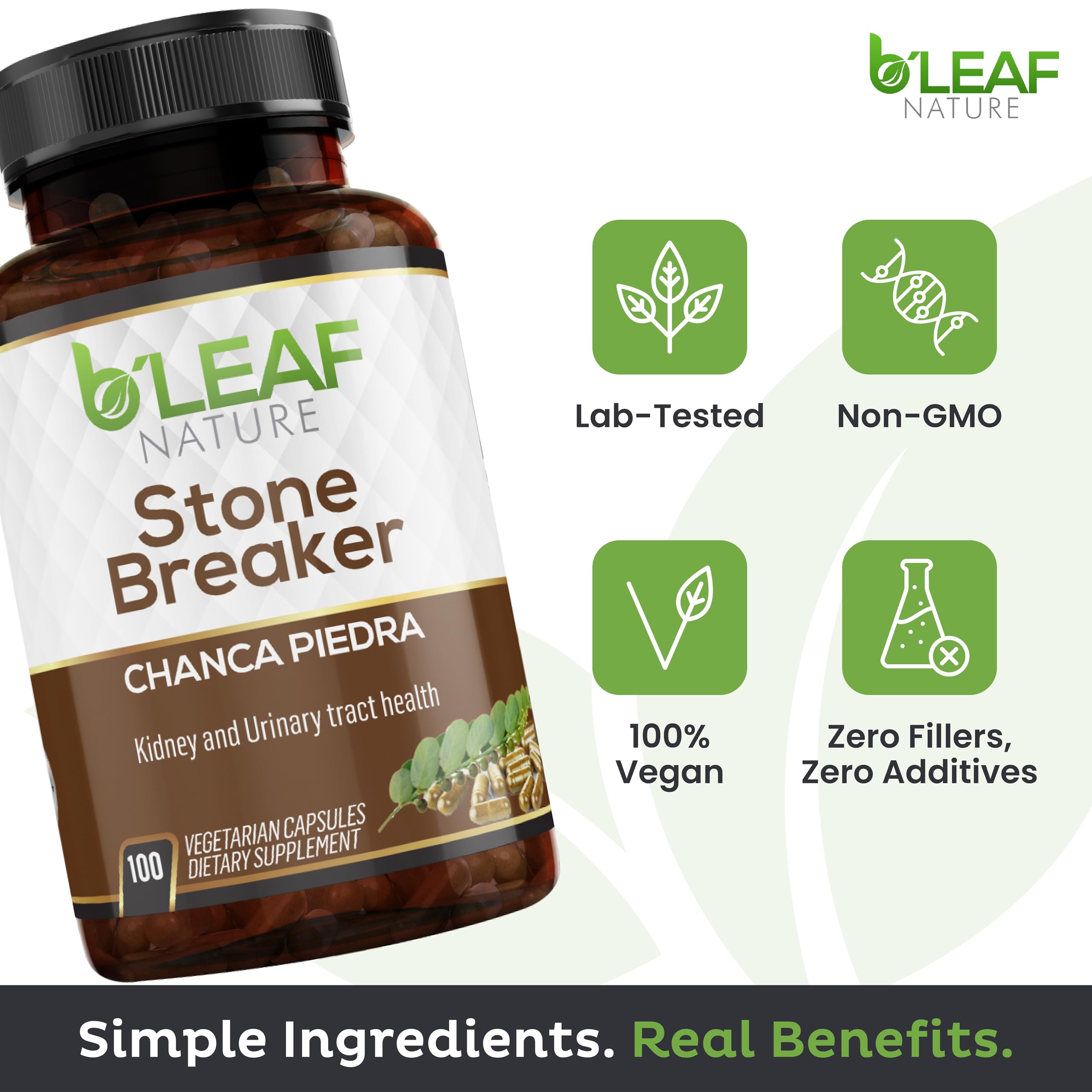 Side view of B'Leaf Nature Stone Breaker 100 capsules showing USA manufacturing certification.
