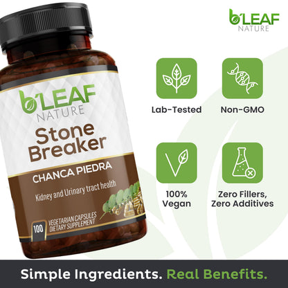 Side view of B'Leaf Nature Stone Breaker 100 capsules showing USA manufacturing certification.