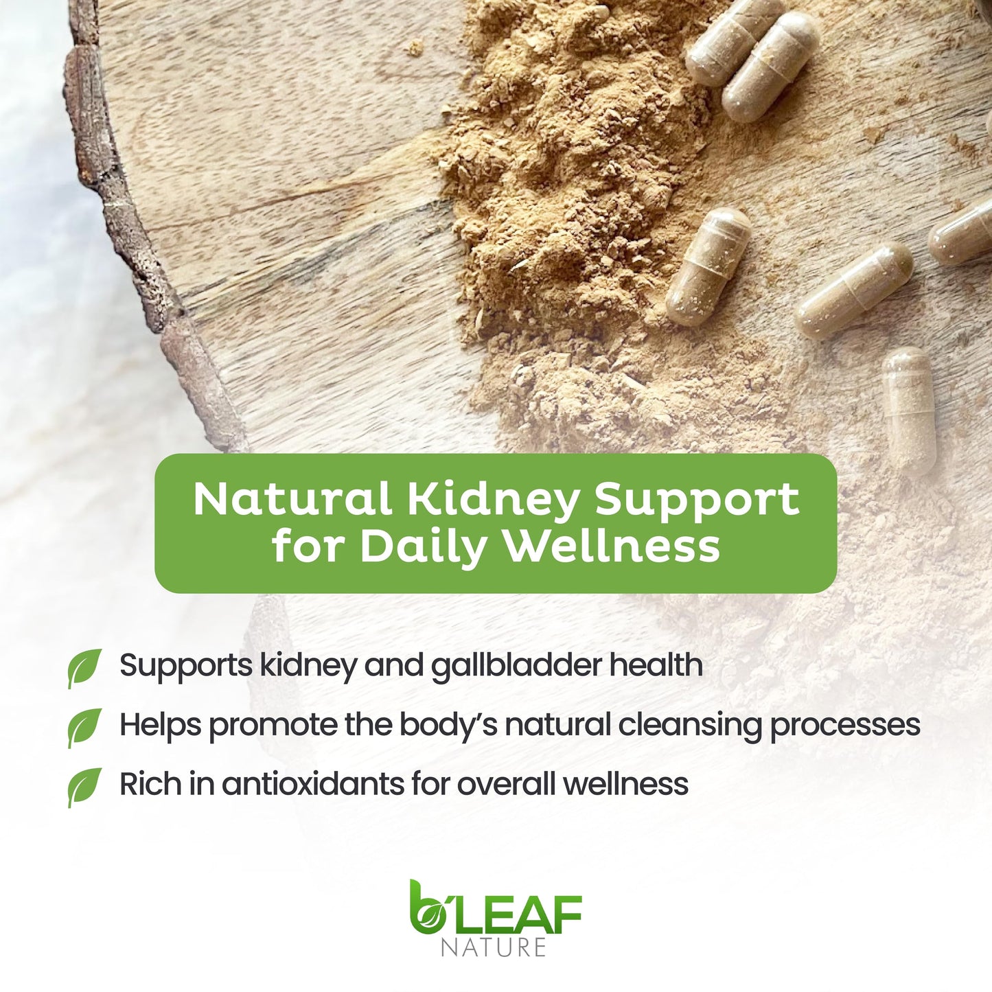 B'Leaf Nature Chanca Piedra herbal extract bottle showing vegan and non GMO seals.