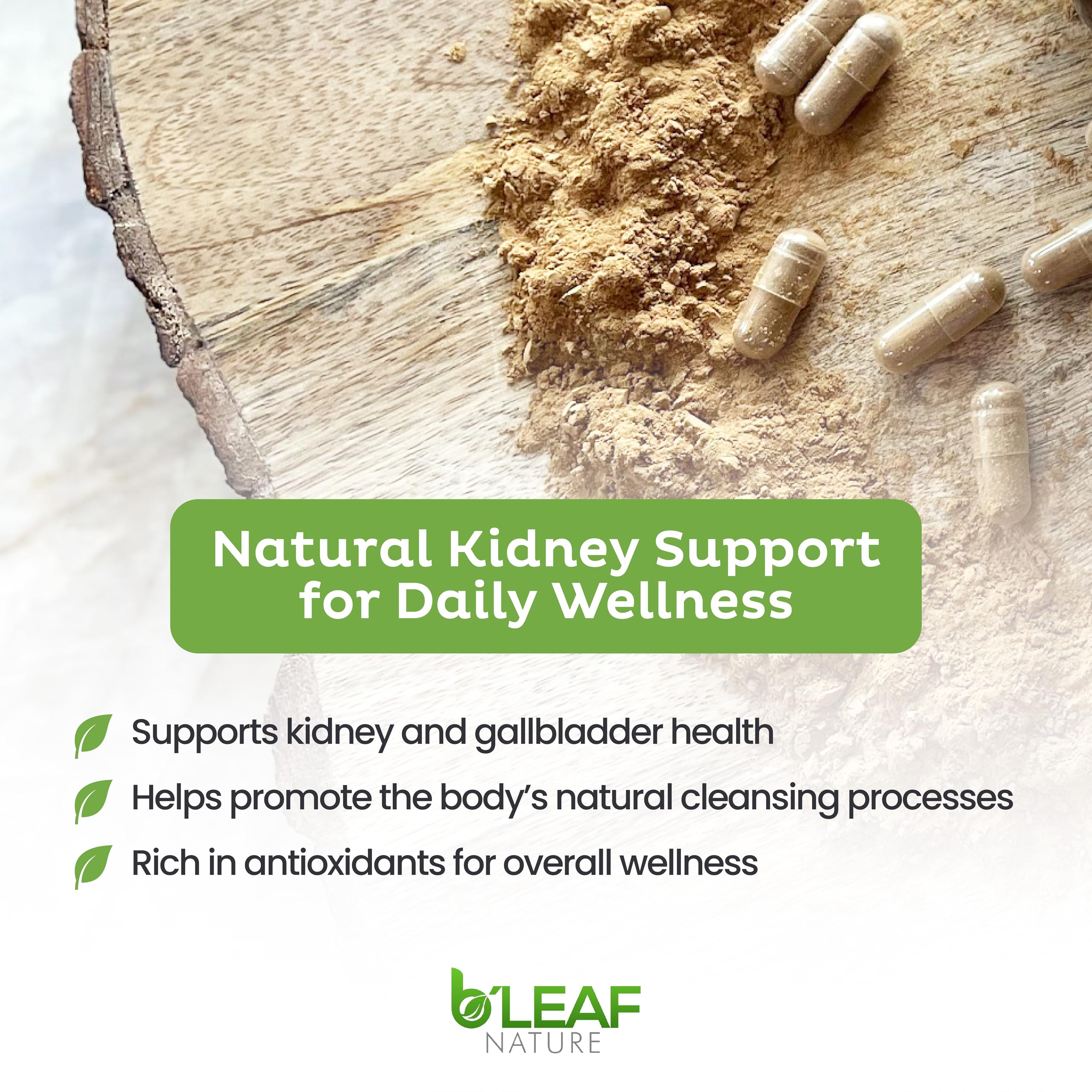 B'Leaf Nature Chanca Piedra herbal extract bottle showing vegan and non GMO seals.