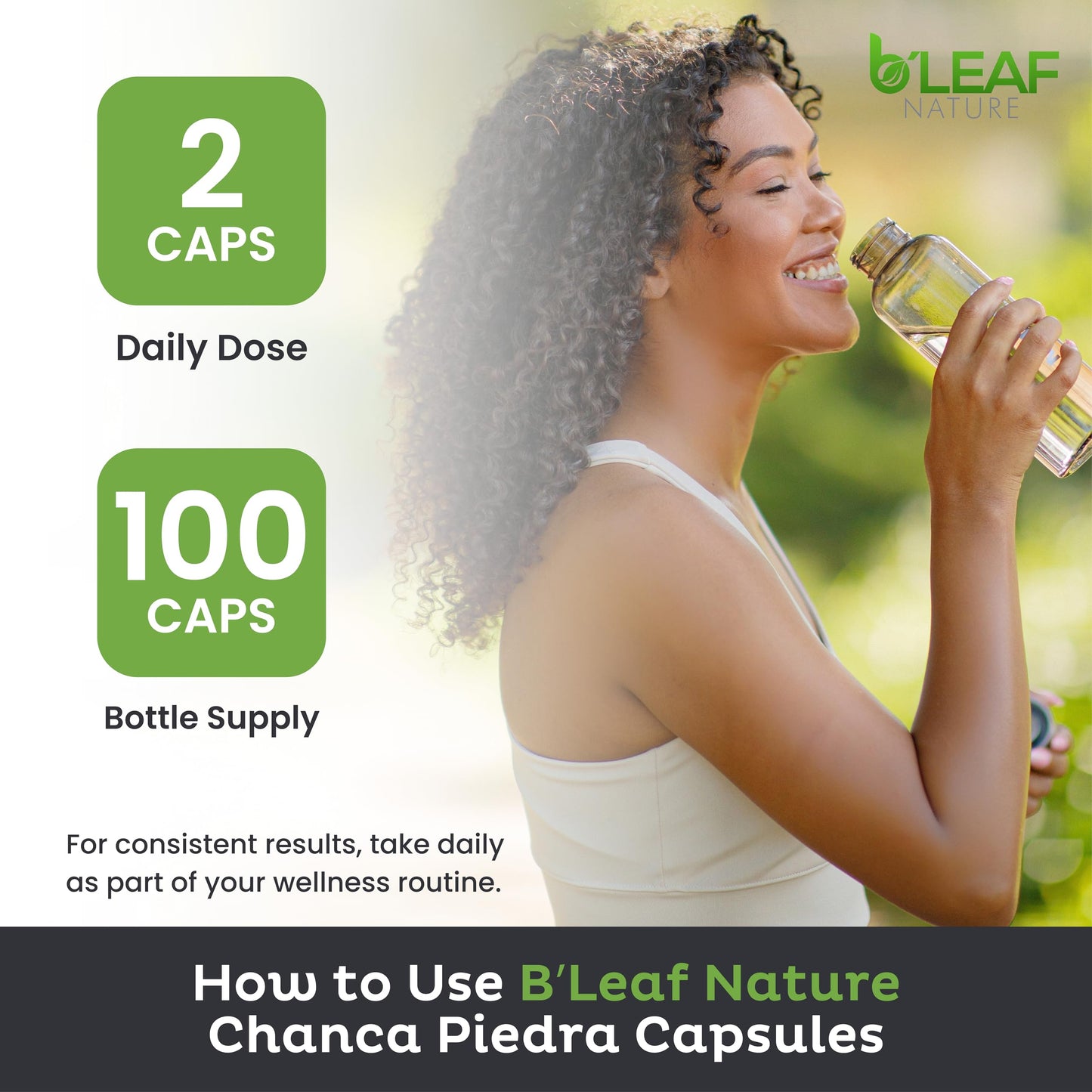 B'Leaf Nature Chanca Piedra 1000mg container displaying usage instructions and directions.