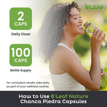 B'Leaf Nature Chanca Piedra 1000mg container displaying usage instructions and directions.