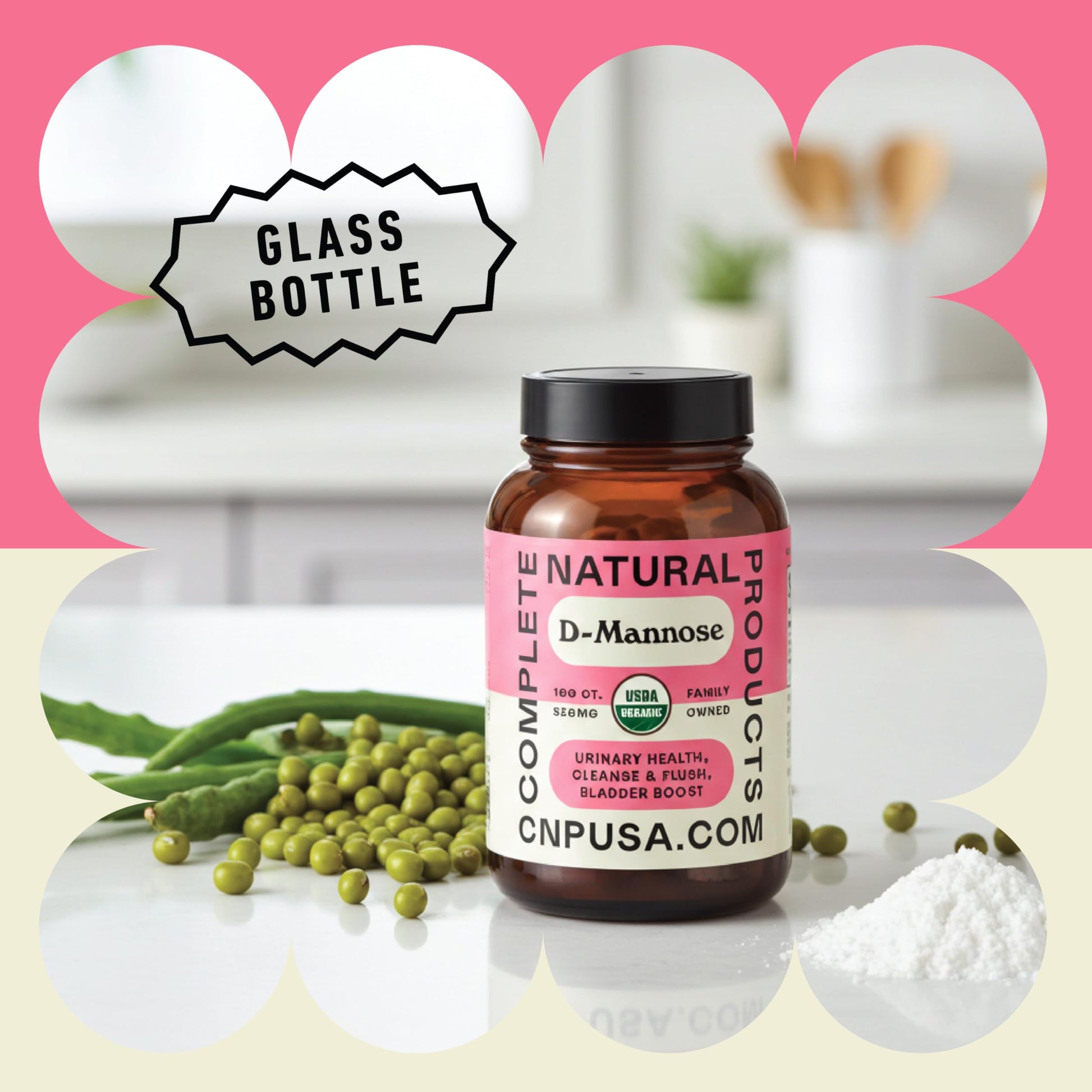 Pure plant based D-Mannose bladder health capsules container showing certified kosher logo