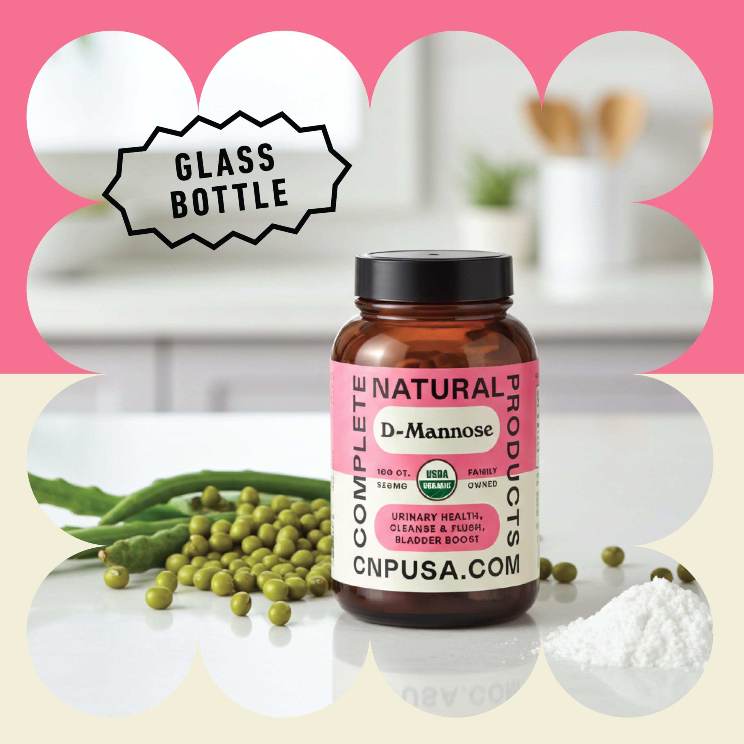 Pure plant based D-Mannose bladder health capsules container showing certified kosher logo
