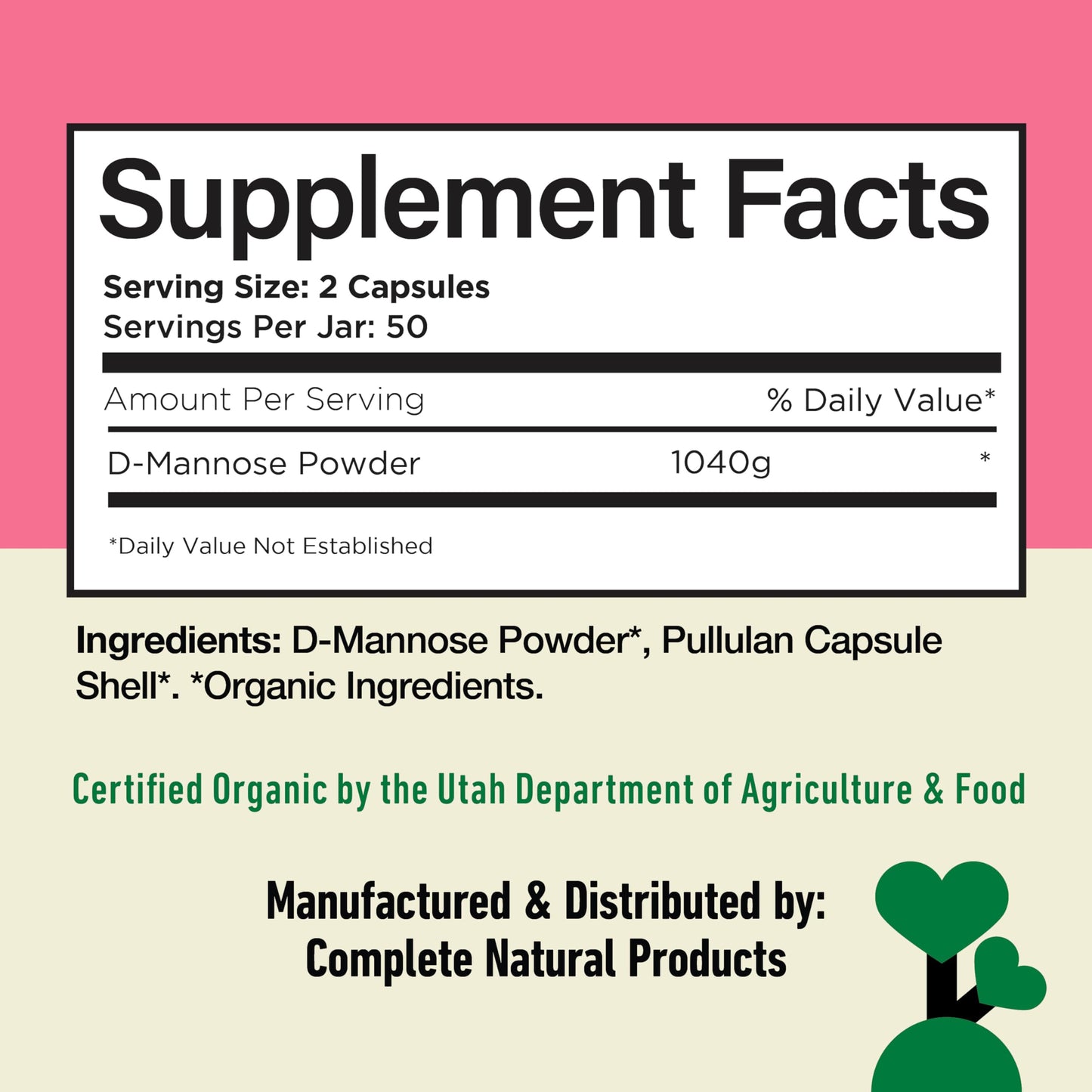 Vegan and non GMO D-Mannose 520mg pills capsule size and pullulan material view