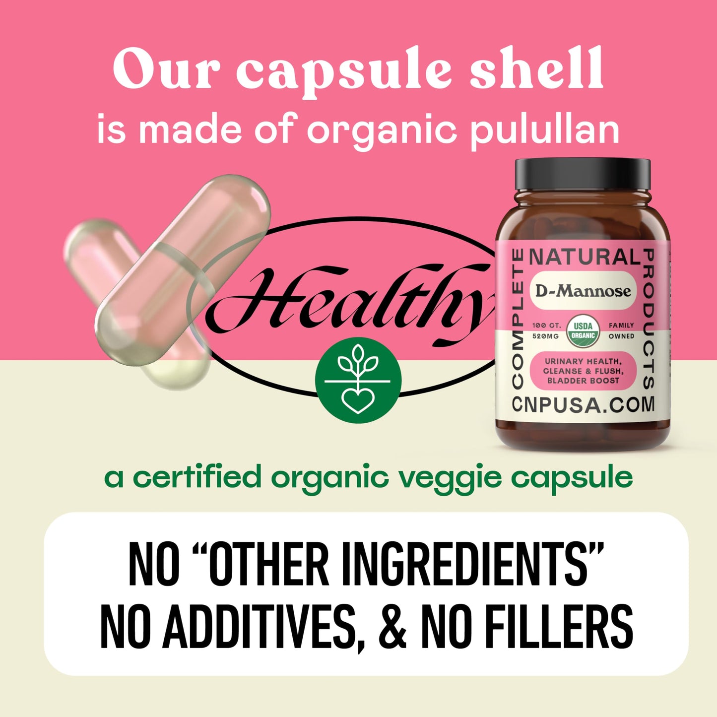 Complete Natural Products pure D-Mannose supplement bottle back label with directions for use