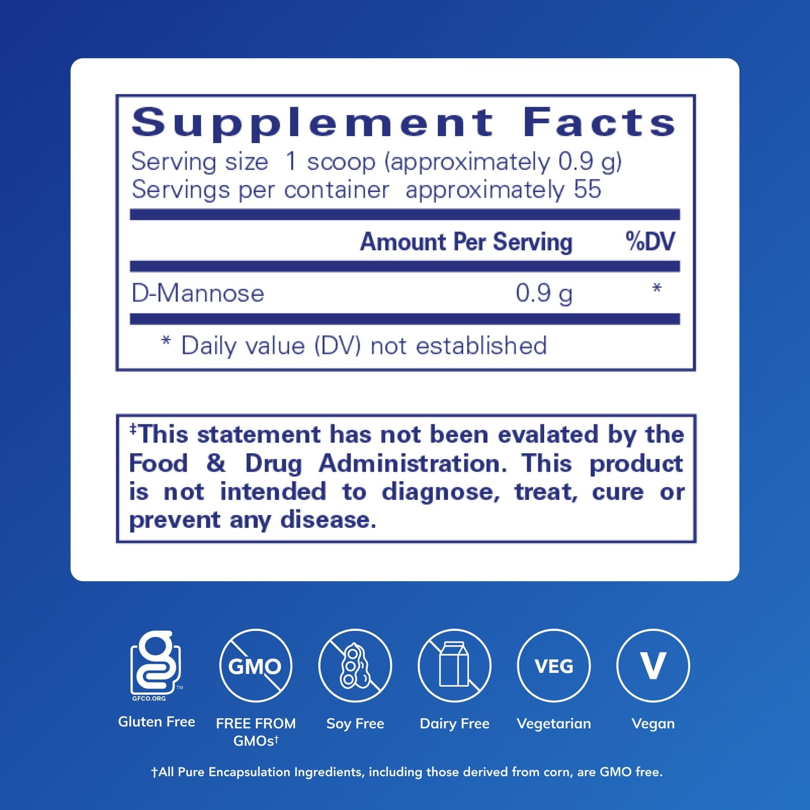 Pure Encapsulations D-Mannose Powder side view showing authentic USA product label