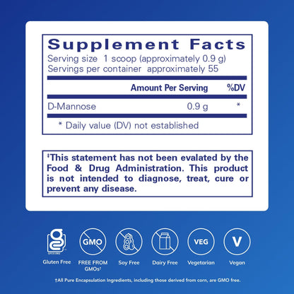 Pure Encapsulations D-Mannose Powder side view showing authentic USA product label