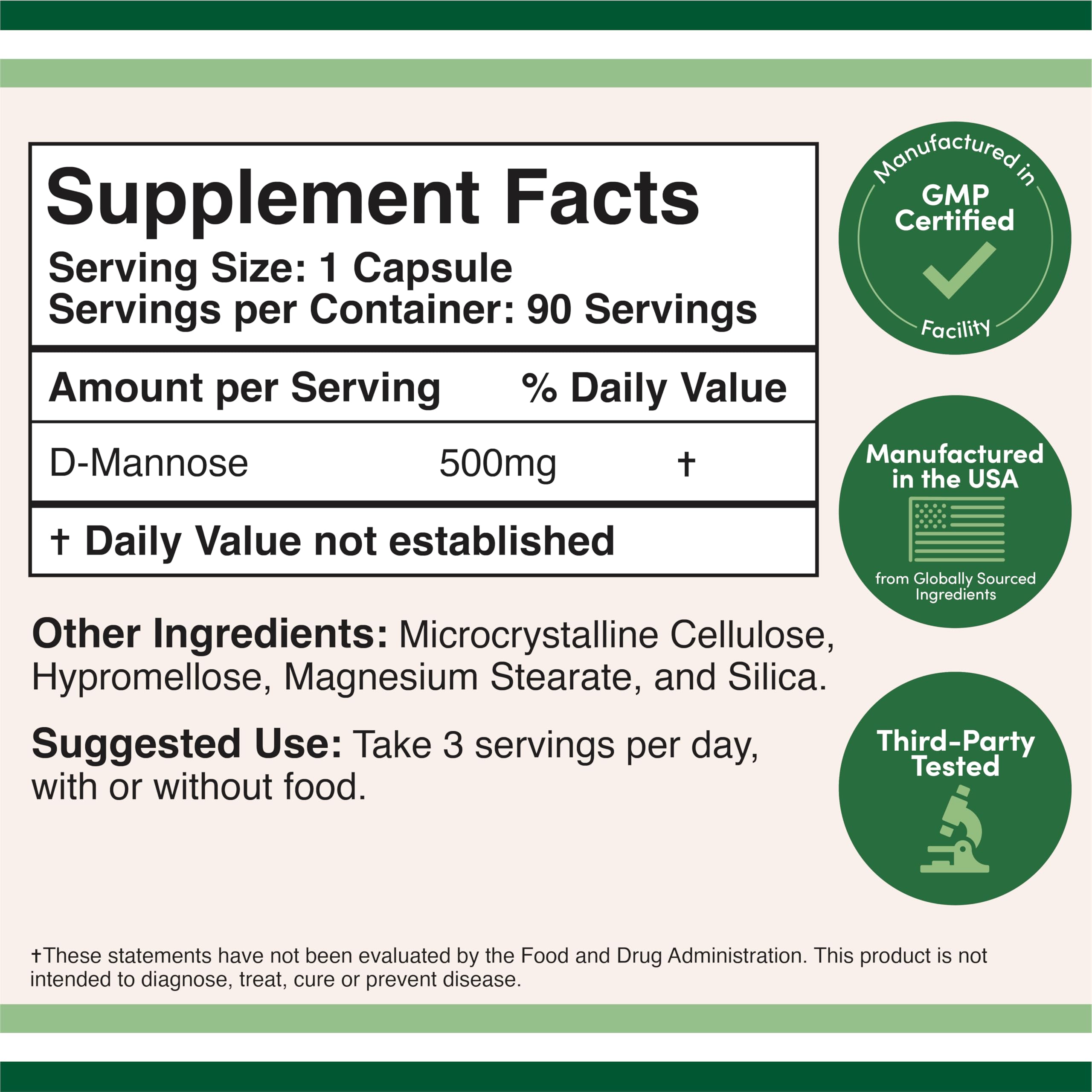 Double Wood D Mannose 90 capsules side label view showing vegan and gluten free certifications