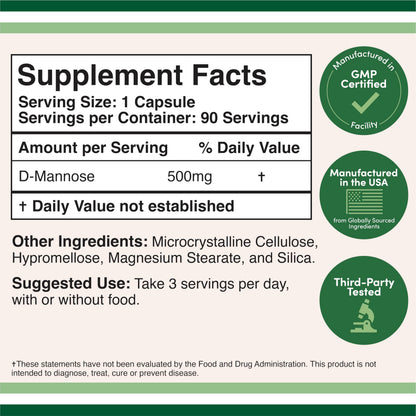 Double Wood D Mannose 90 capsules side label view showing vegan and gluten free certifications