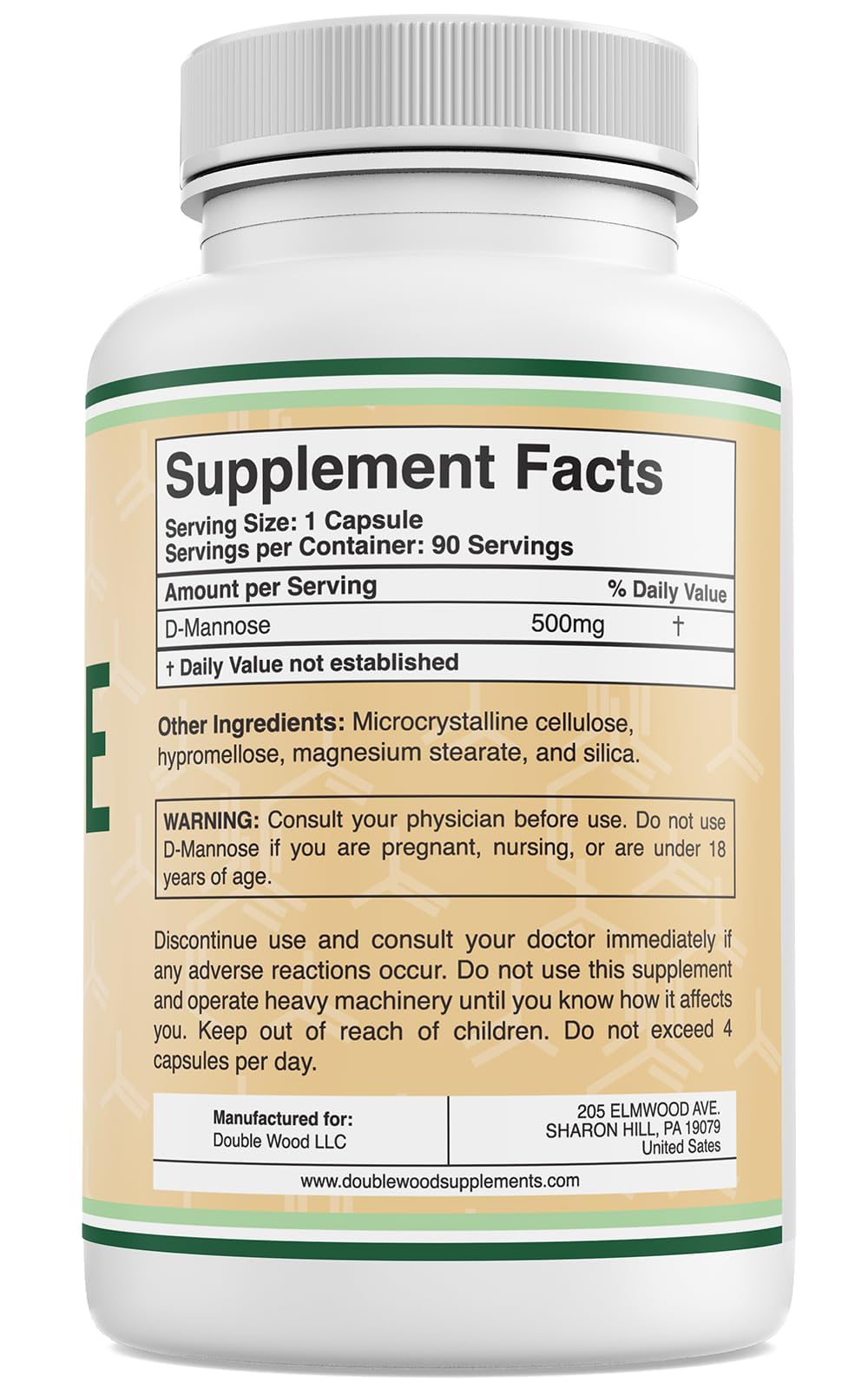 Supplement facts panel for Double Wood D Mannose 500mg capsules detailing ingredients