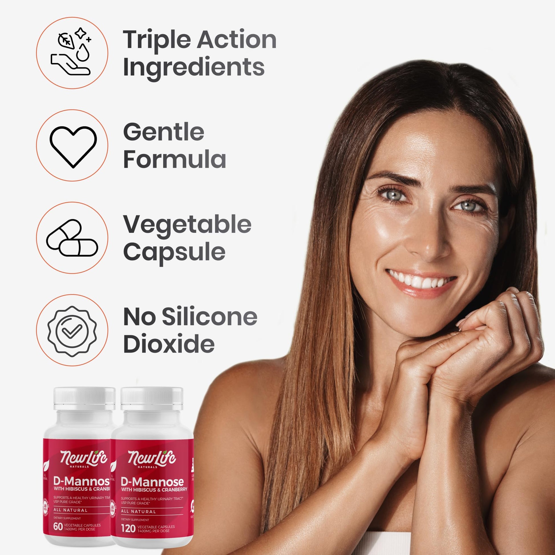 NewLife Naturals natural urinary tract health supplement capsules placed next to the secure packaging bottle.