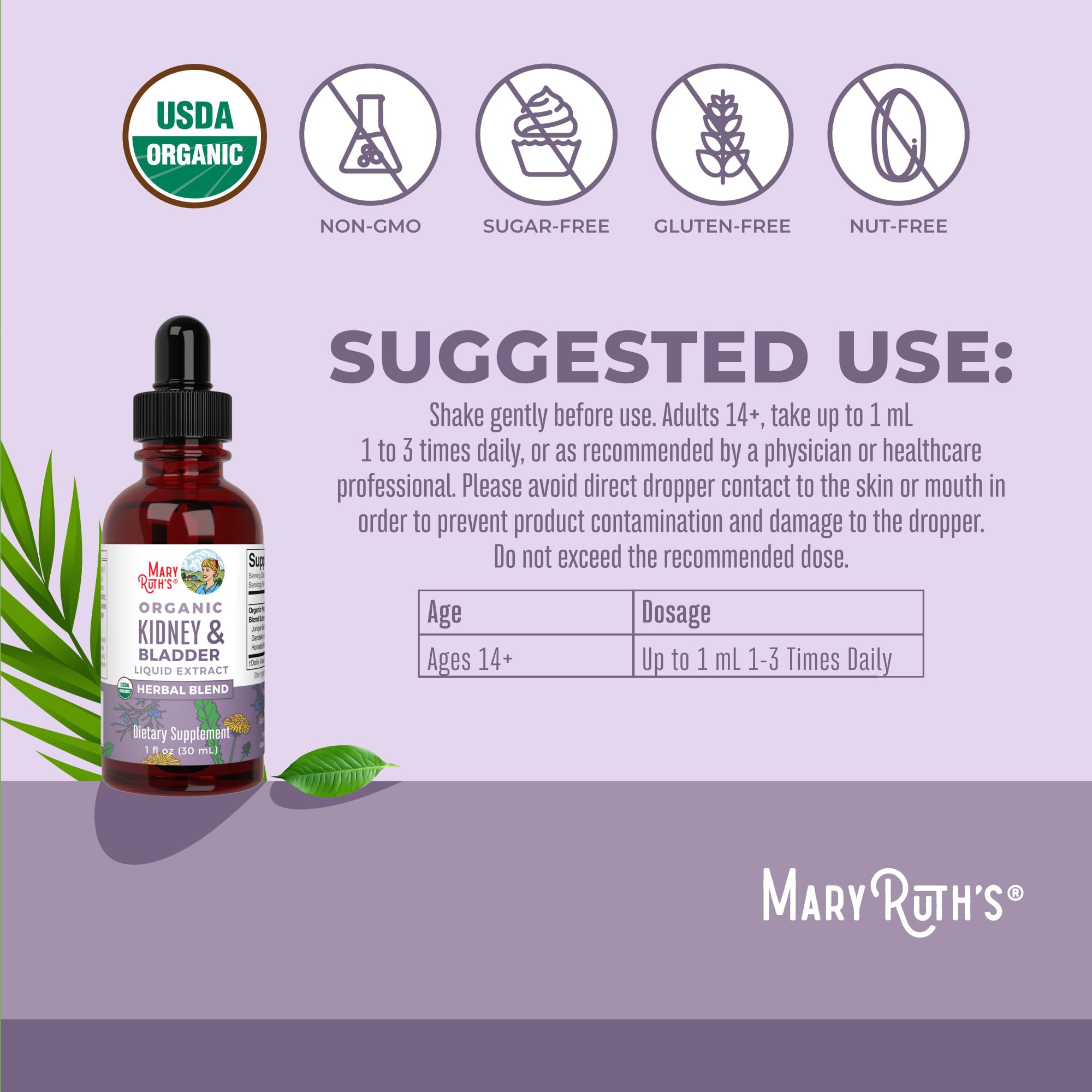 MaryRuth Organics liquid herbal blend dropper bottle displaying vegan and non-GMO certifications.