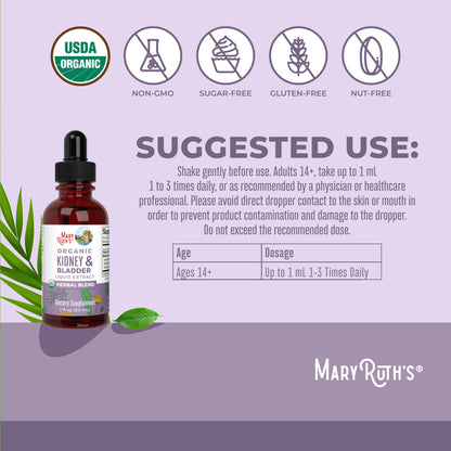MaryRuth Organics liquid herbal blend dropper bottle displaying vegan and non-GMO certifications.
