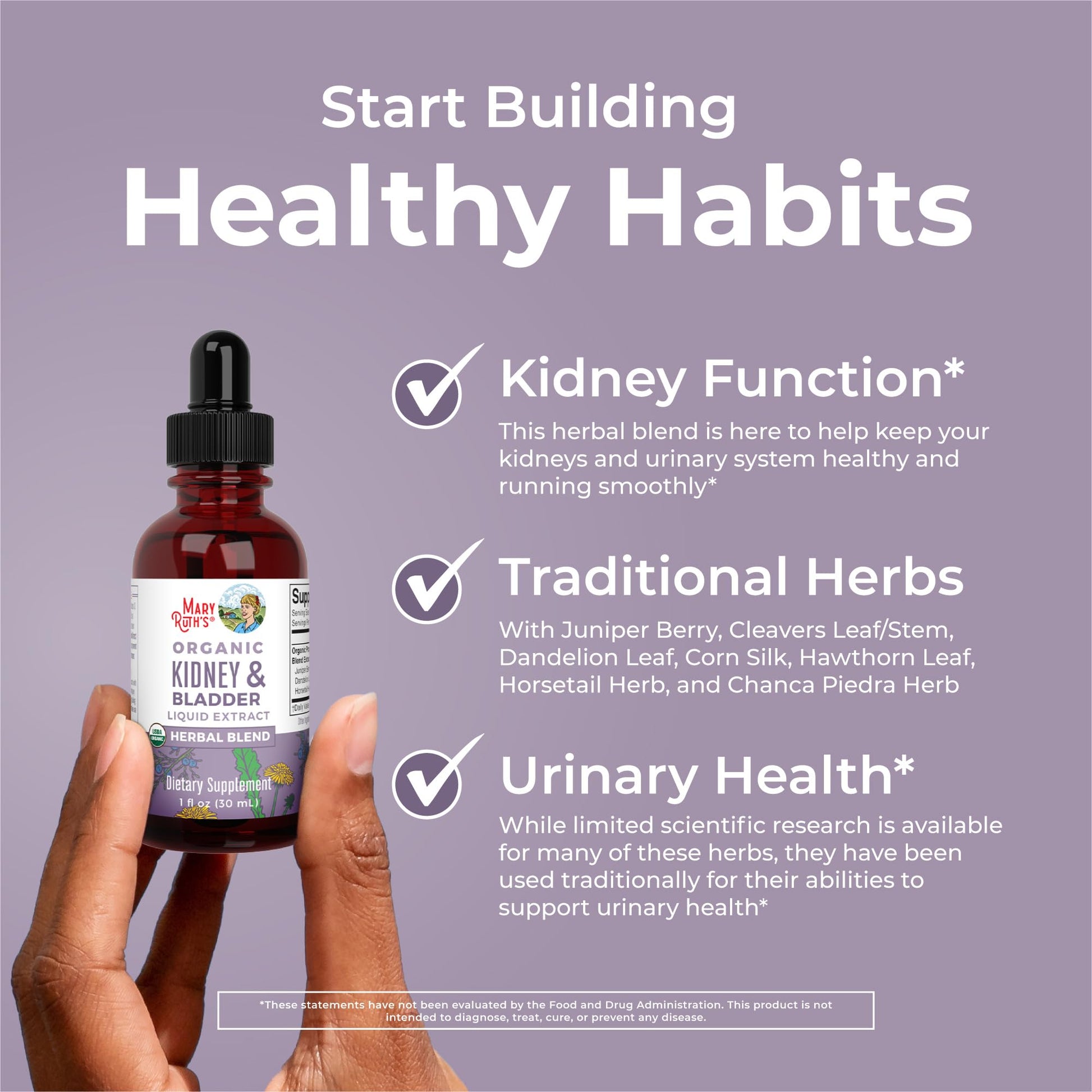 MaryRuth Organics alcohol-free herbal drops ingredient list and daily dosage instructions.