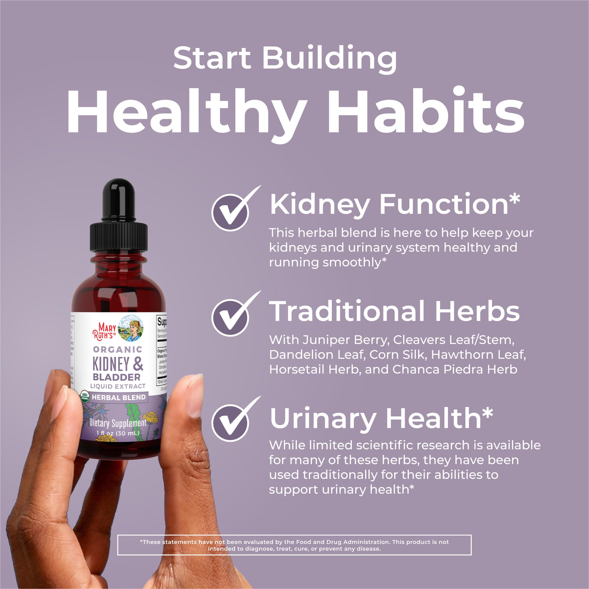 MaryRuth Organics alcohol-free herbal drops ingredient list and daily dosage instructions.
