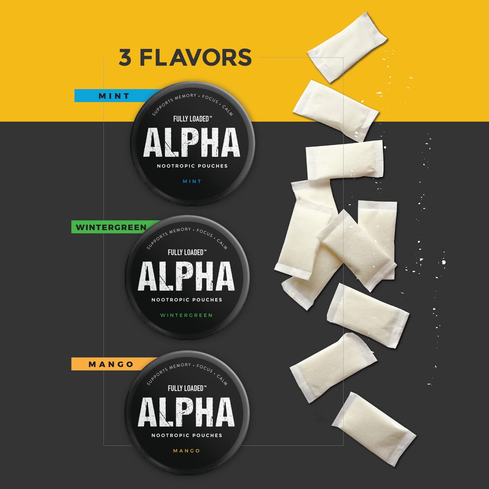 Close up of Fully Loaded Alpha Nootropic Mint Pouch can labeling