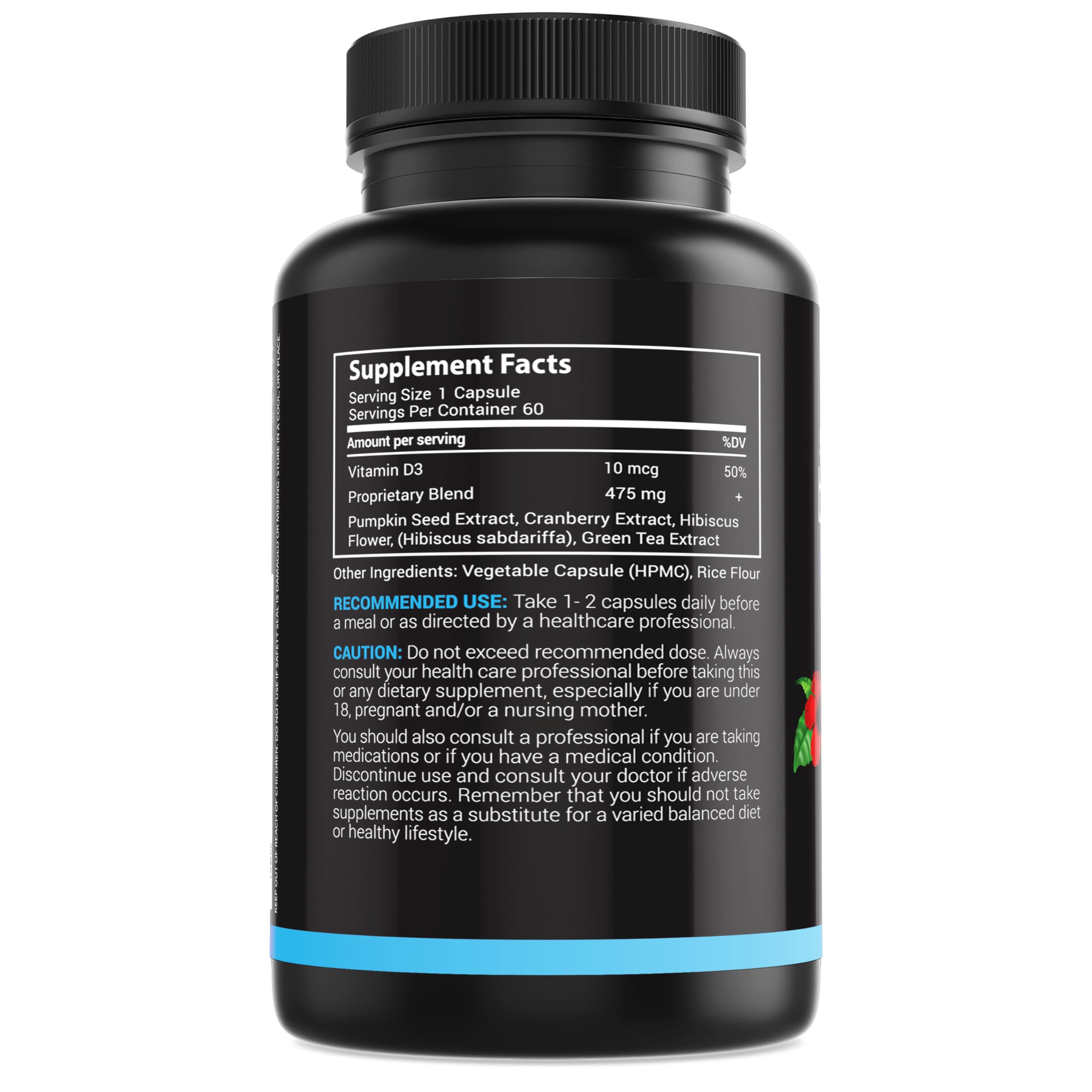 MaxX Labs urinary tract health supplement facts panel with vitamin D3 and hibiscus flower