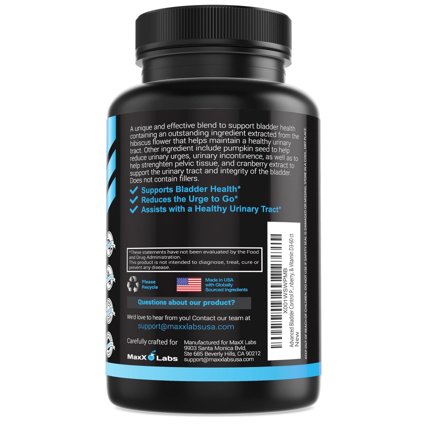 Premium MaxX Labs bladder control pills for men and women on a clean background