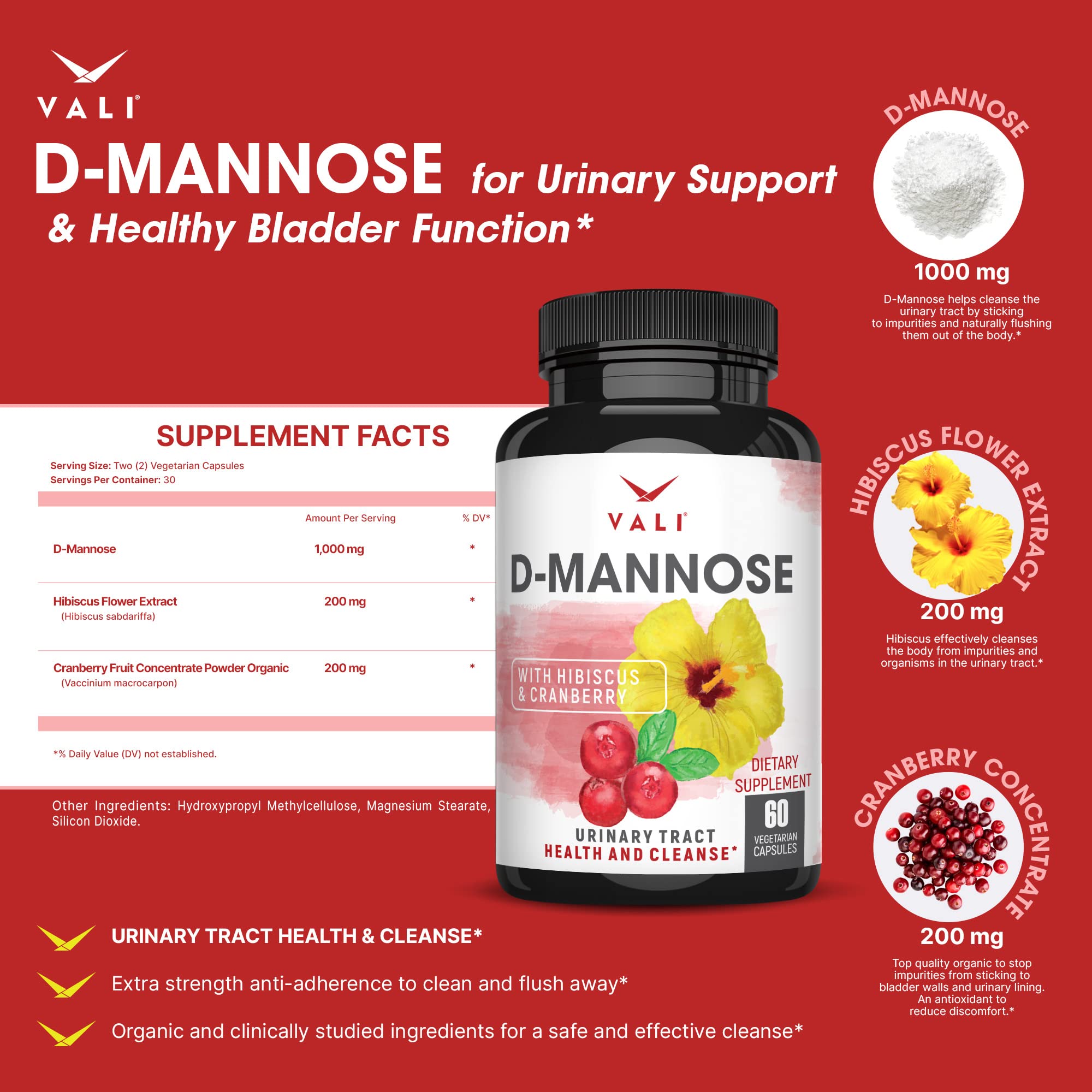 VALI D-Mannose capsules supplement facts panel displaying ingredients and dosage instructions.