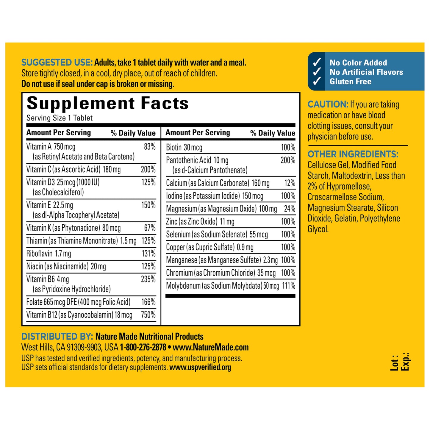 Nature Made gluten free men's multivitamin bottle demonstrating proper storage instructions and nutritional facts