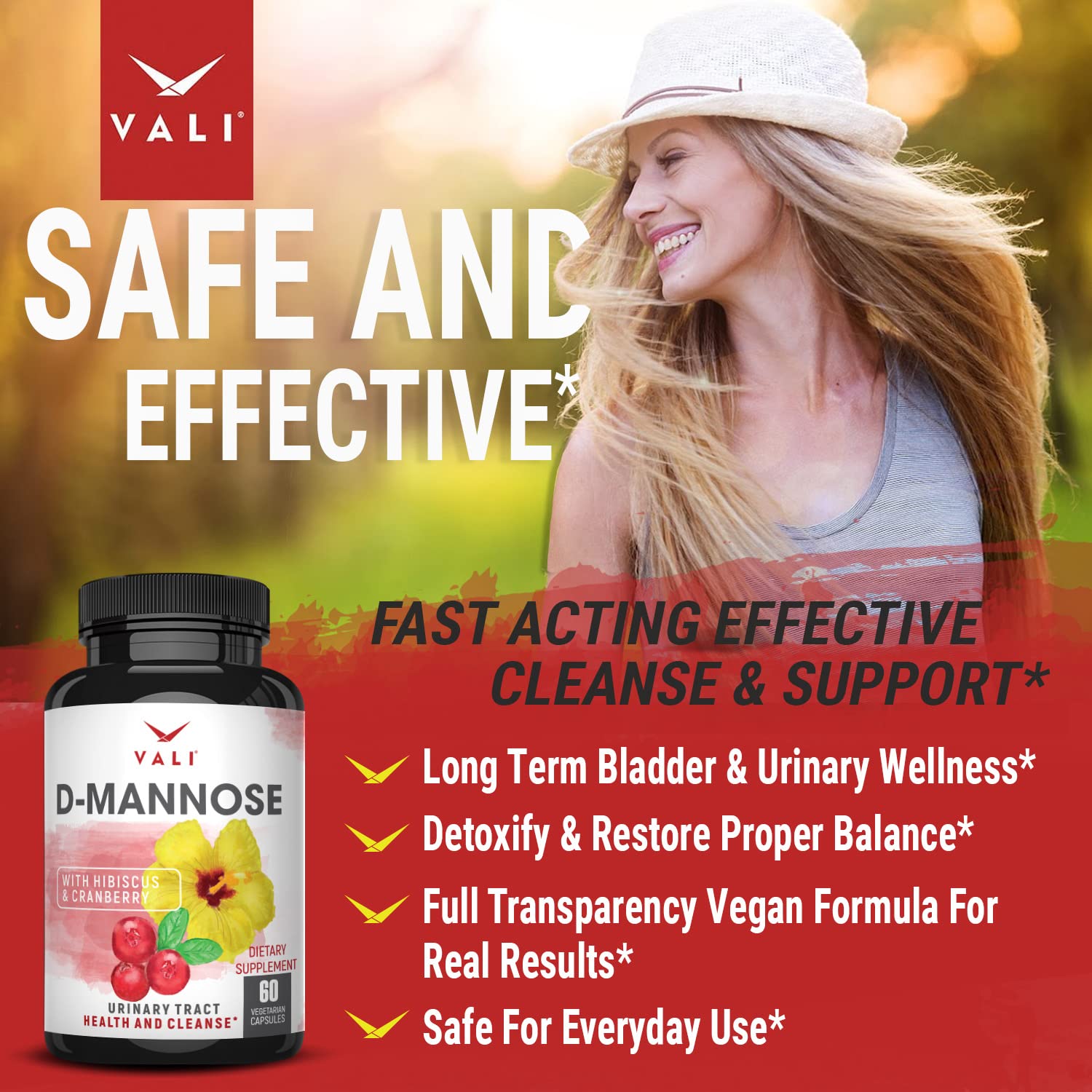 Close-up of the vegetarian capsules from the VALI D-Mannose natural detox flush bottle.