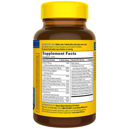 Nature Made imported health care multivitamin for men showcasing side panel with zero artificial flavors claim