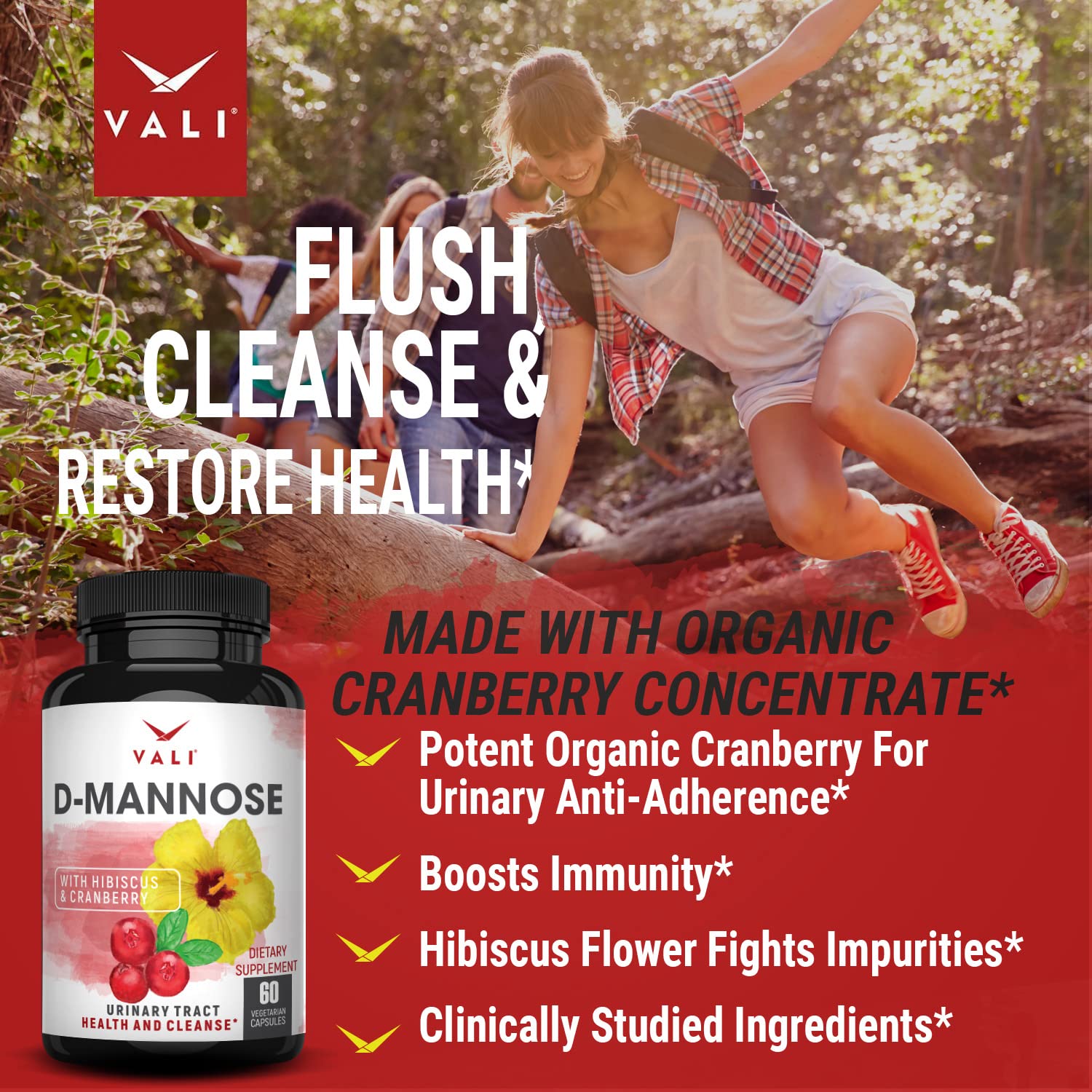 VALI D-Mannose sixty veggie capsules premium bladder wellness supplement packaging details.