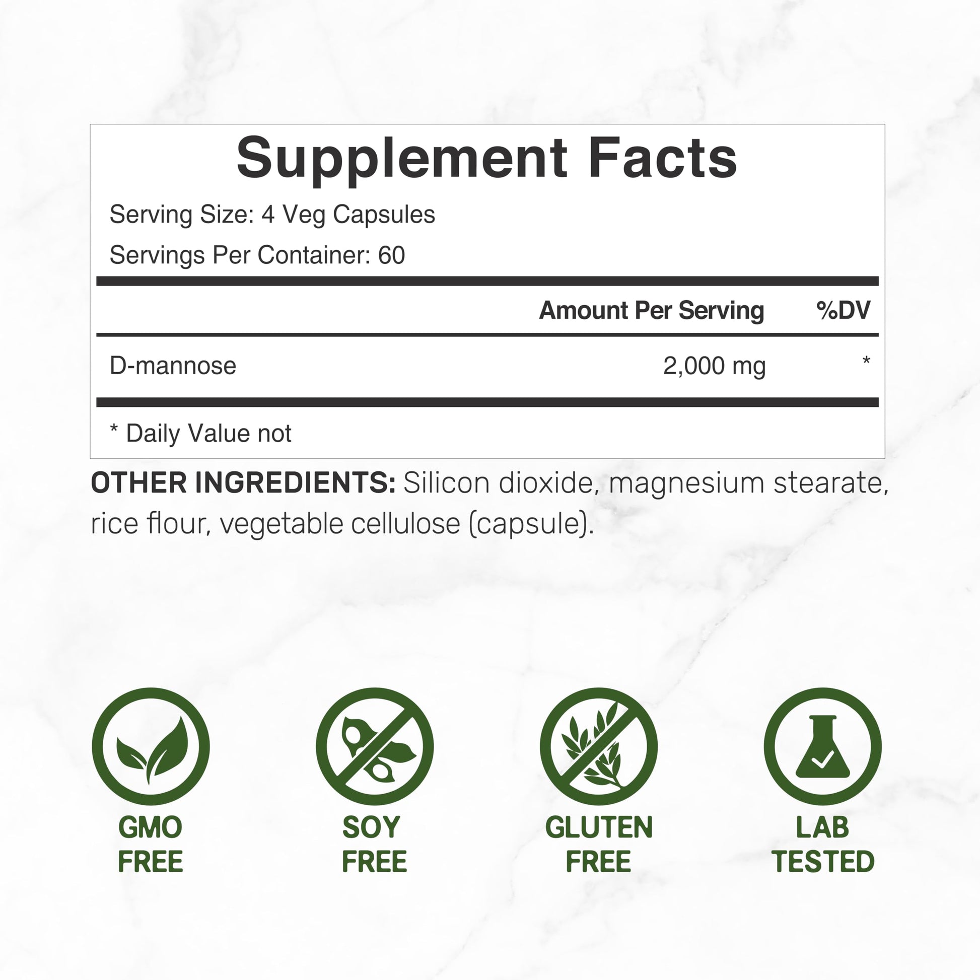 Deal Supplement D Mannose 240 vegetarian pills bottle showing supplement facts and dosage info