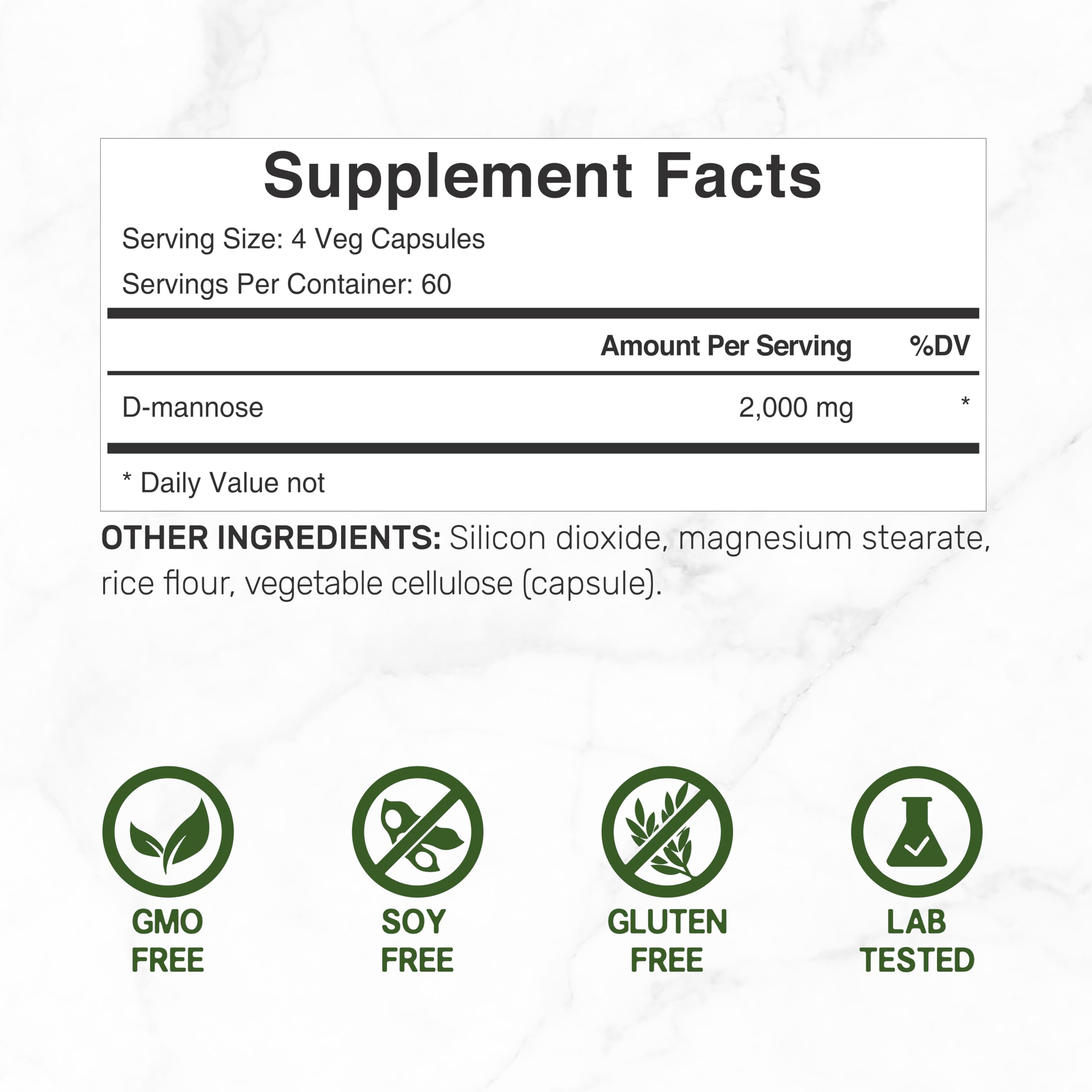 Deal Supplement D Mannose 240 vegetarian pills bottle showing supplement facts and dosage info