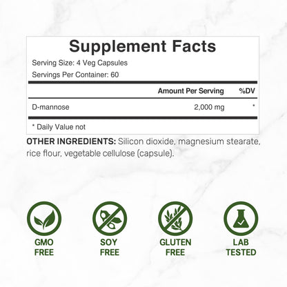 Deal Supplement D Mannose 240 vegetarian pills bottle showing supplement facts and dosage info